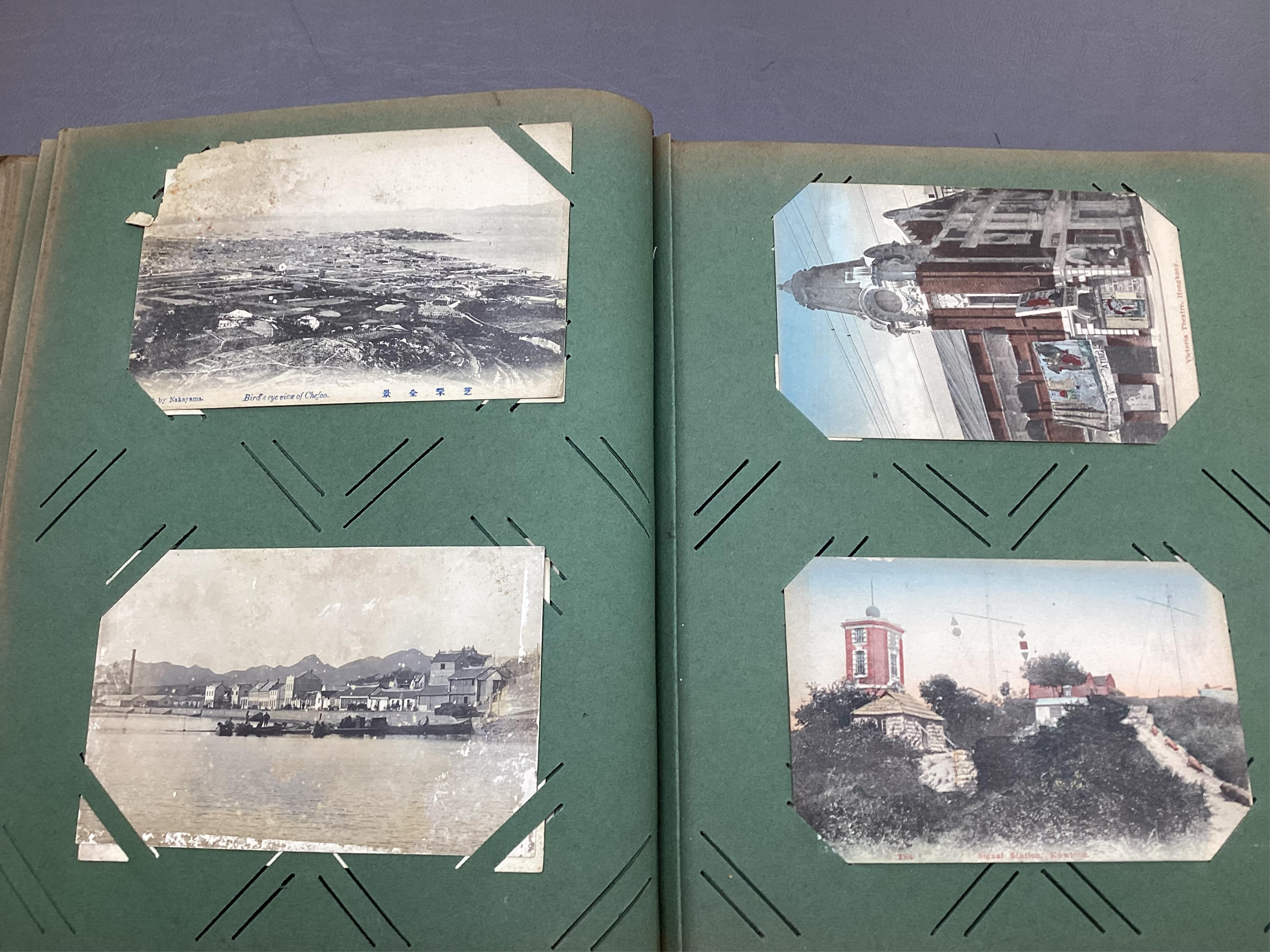 An early 20th century photograph and postcard album of Chinese and Japanese scenes, together with some negatives, etc.